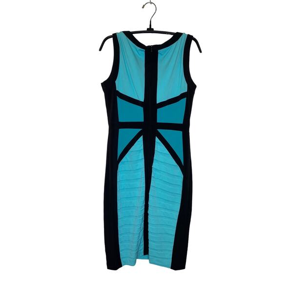 Cache Black Teal Sleeveless Bodycon Midi Dress Stretchy Colorblock Poly EUC Sz 8 - Picture 7 of 14